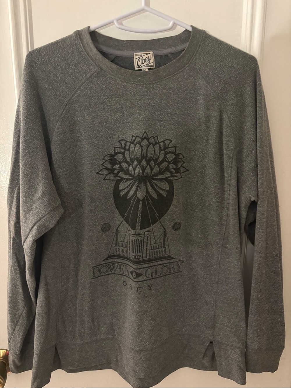 Obey Gray Graphic Crewneck Sweatshirt with Power & Glory Emblem